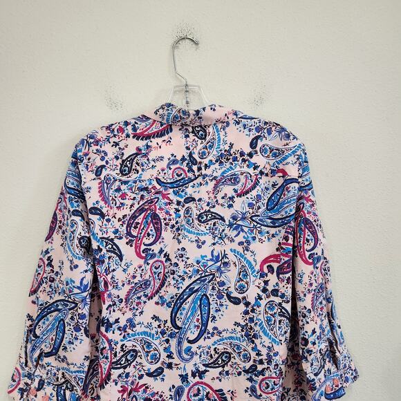 Basic Editions Paisley Boho 3/4 Sleeve Button Down Dress Shirt Work Wear Sz XL - Picture 5 of 11